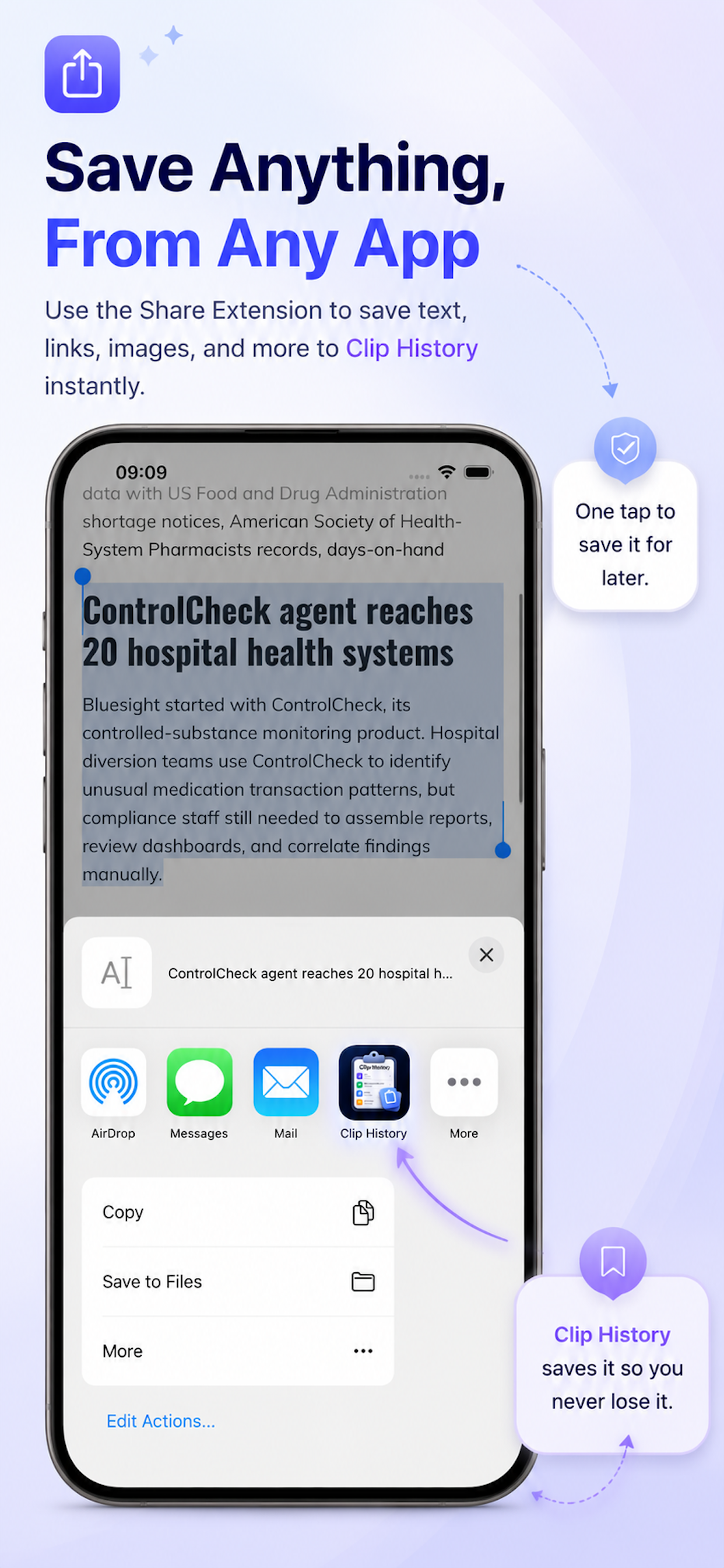 Directly share texts from any app to Clip History using the system share extension.