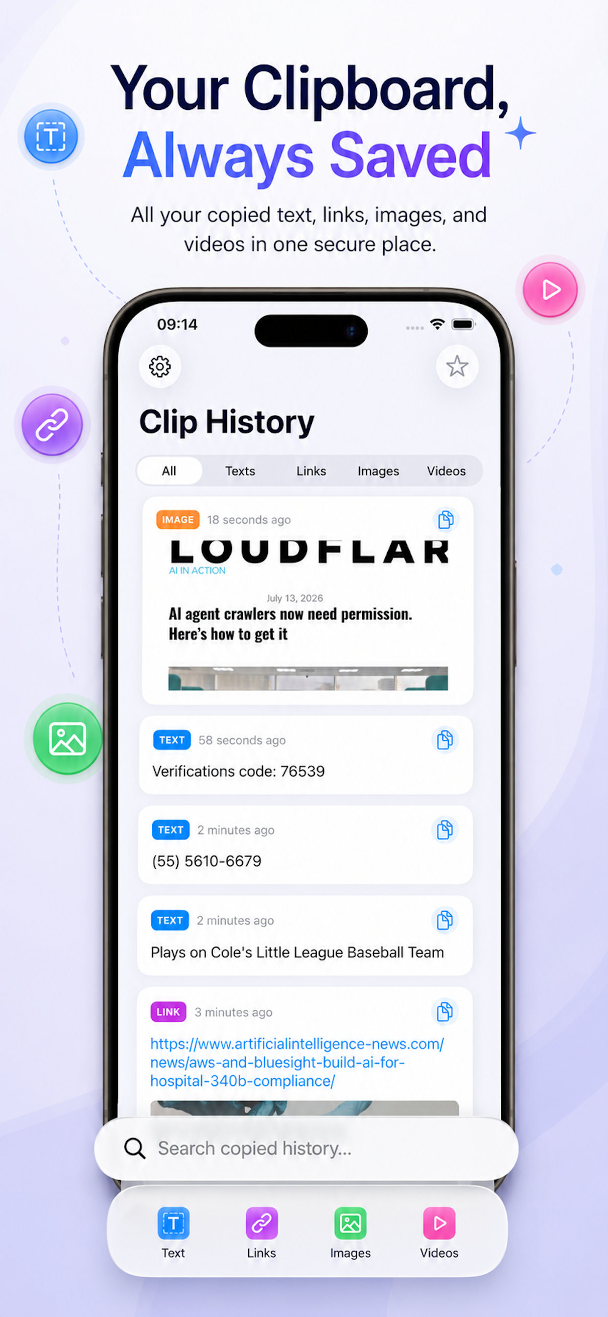 Main screen displaying the list of your saved clipboard items.