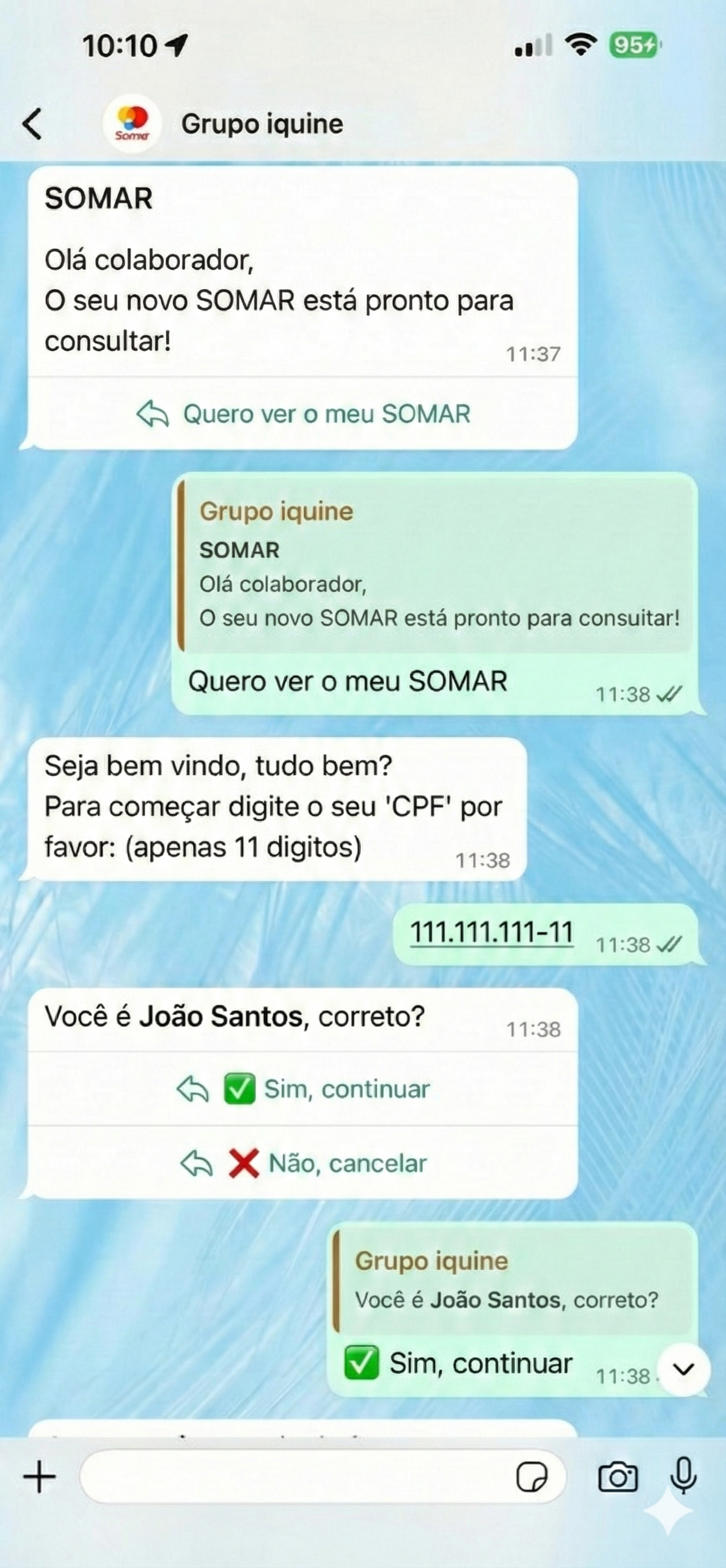 Envio de mensagens automáticas aos colaboradores e início da interação com o bot.